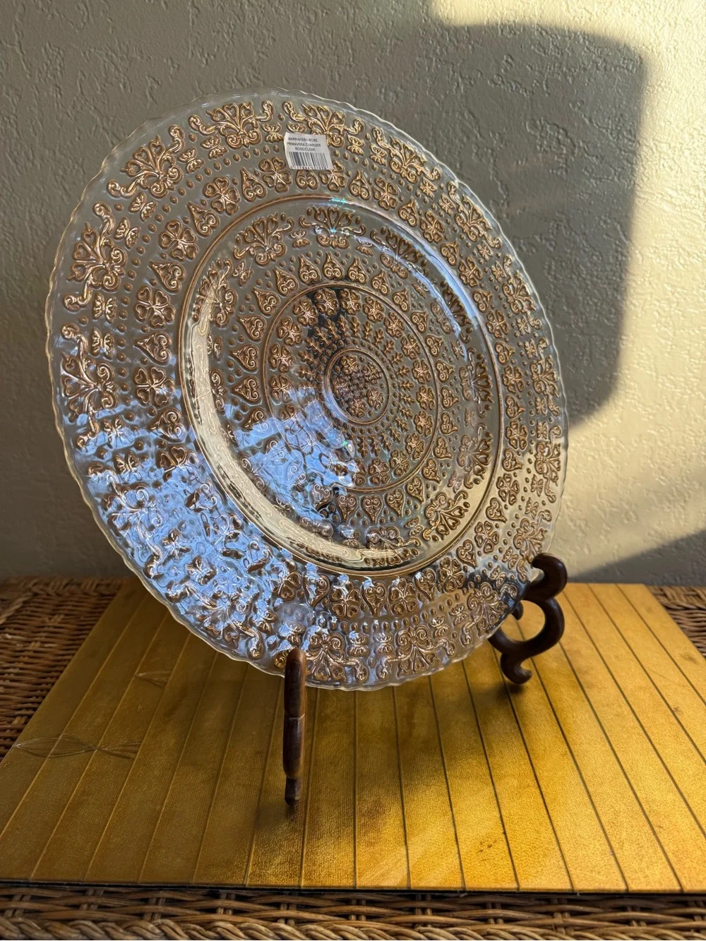 Made in turkey, glass, rose, gold charger, platter, decorative plate